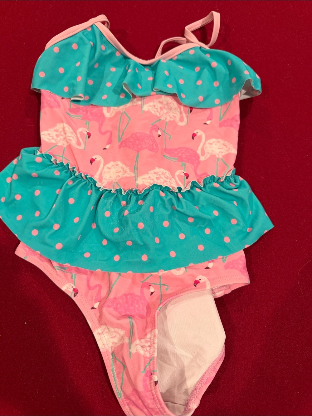 Matilda Jane Pink Flamingo One-Piece Swimsuit with Teal Ruffles